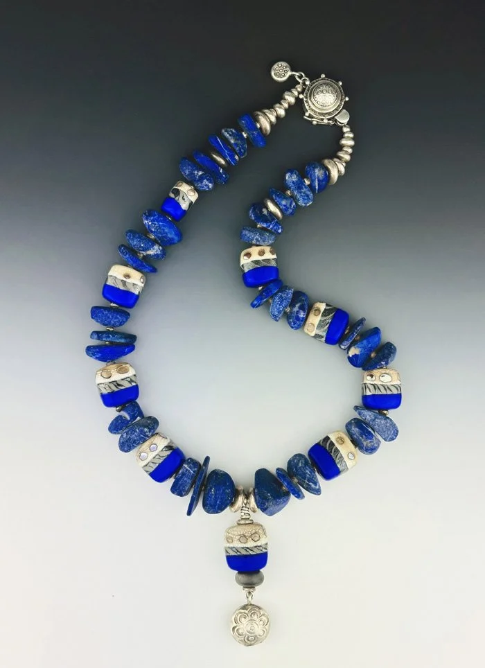 N796 COBALT BICOLOR SQUARE GLASS BEADS with RAW LAPIS NUGGETS